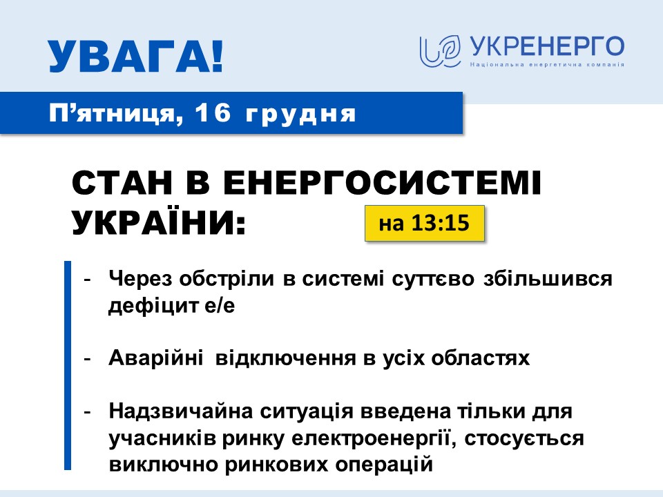 По всій території України діє режим аварійних відключень
